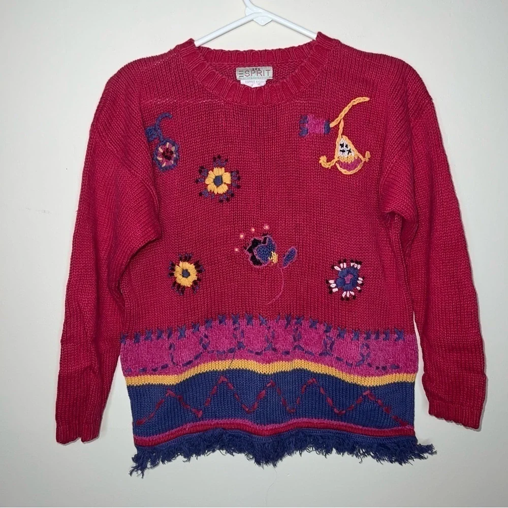 Vintage Esprit Kids Knit Fringe Hem Sweater Size Medium